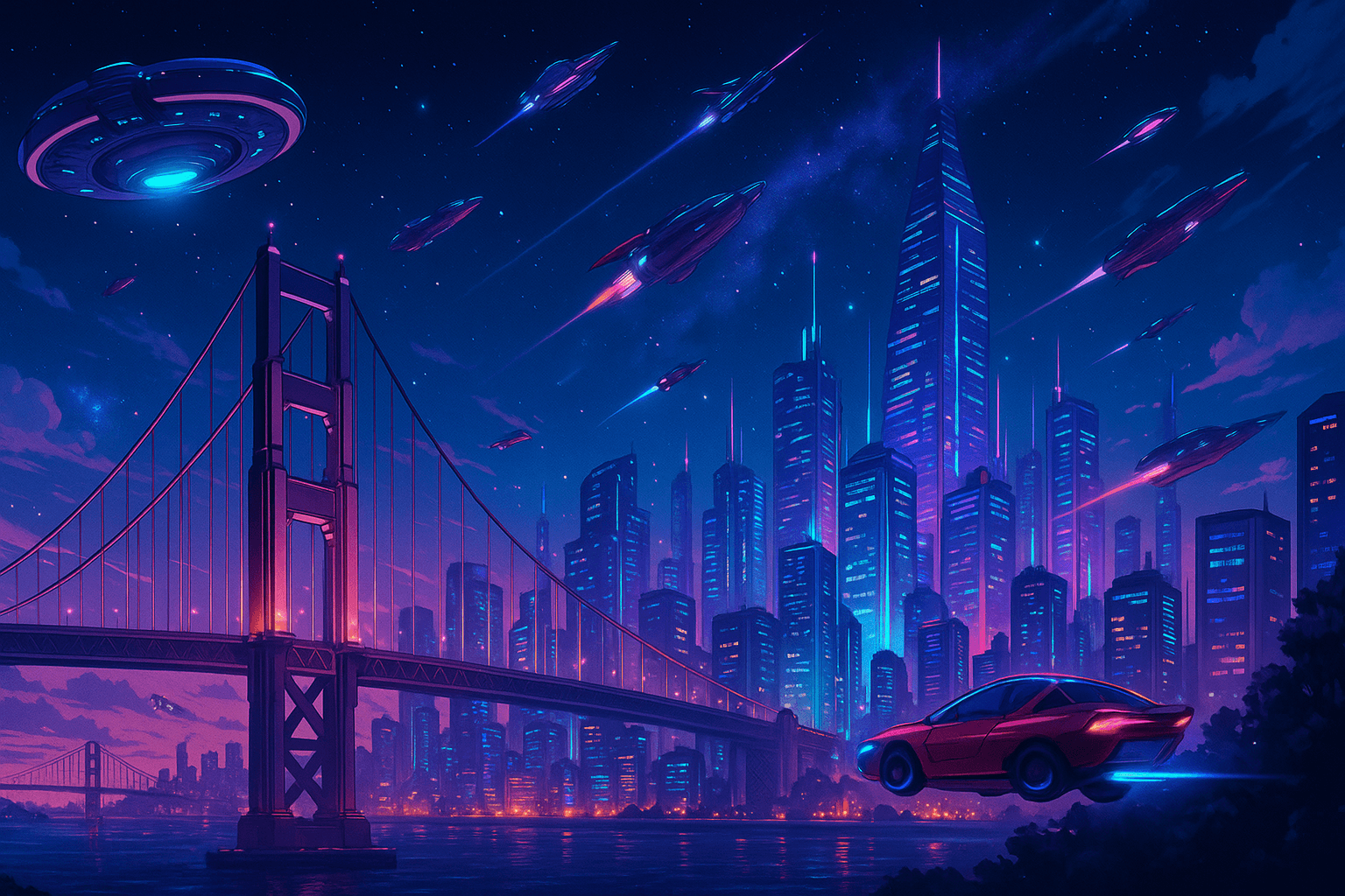 Futuristic city of San Francisco with augmented reality elements